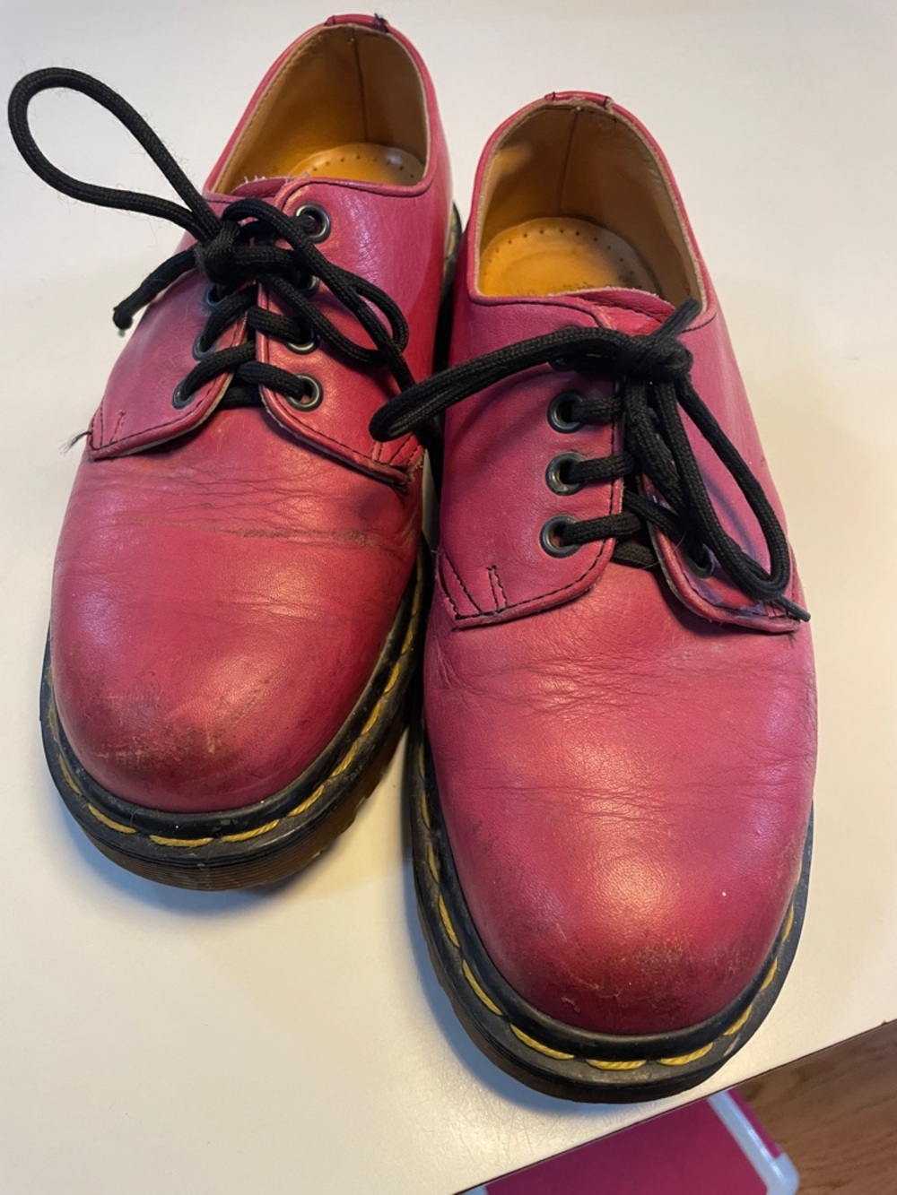 Dr. Martens Pink Leather 3-Eye Derby Shoes with Black Laces